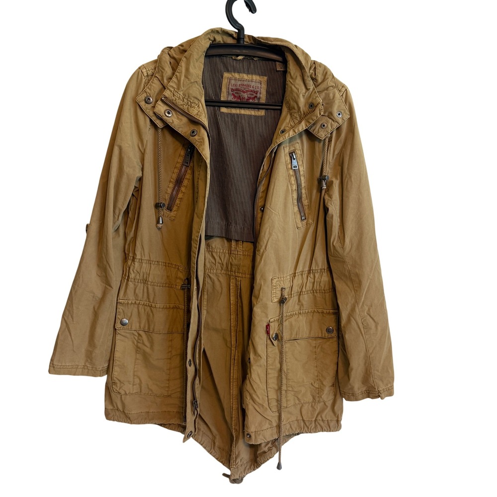 Levi Strauss & Co Womens Khaki Tan Utility Jacket Hooded Pockets Size M Fishtail